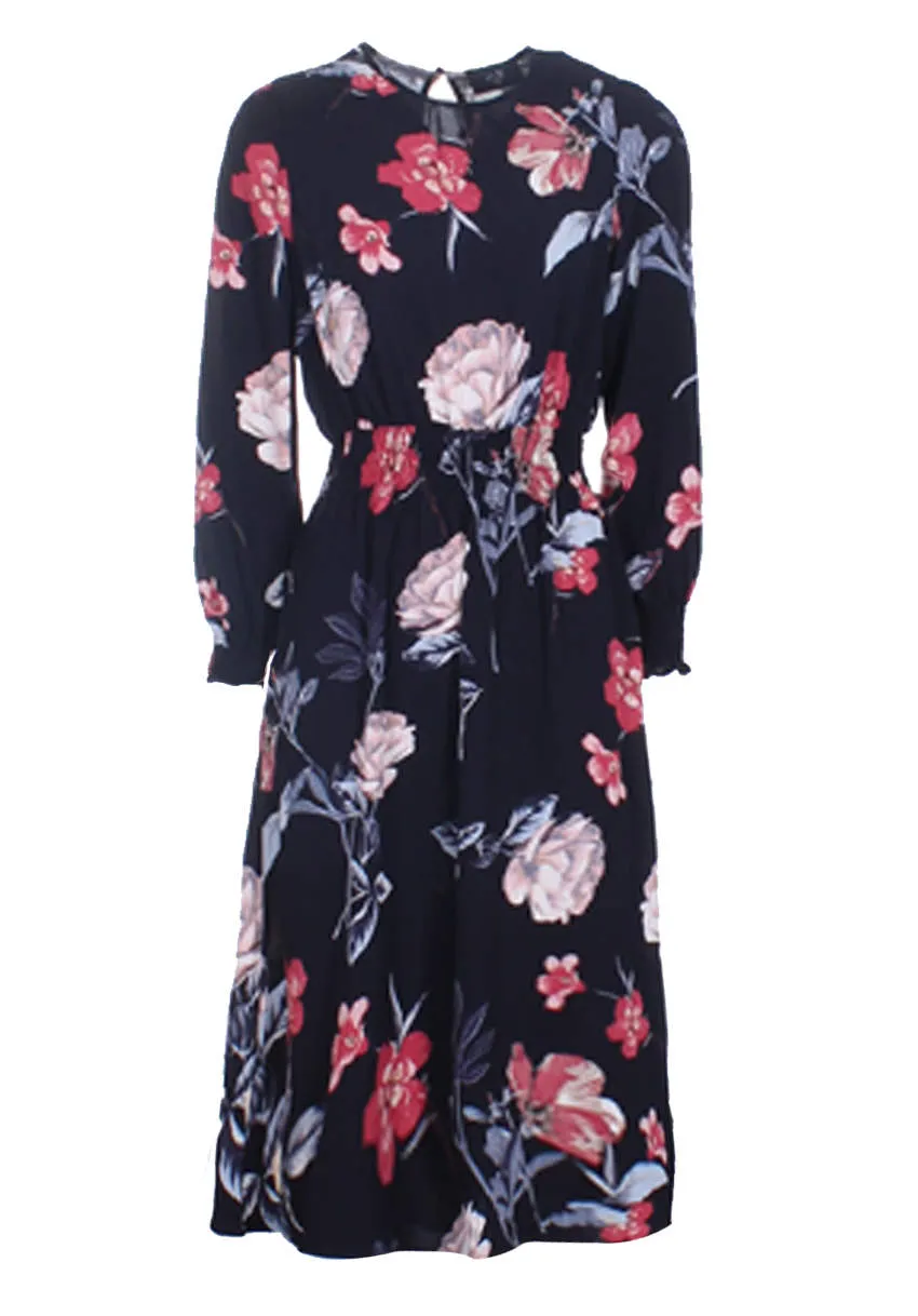 Black Floral Long Sleeve Elastic Waist Midi Dress sold by AX Paris product image thumbnail 4