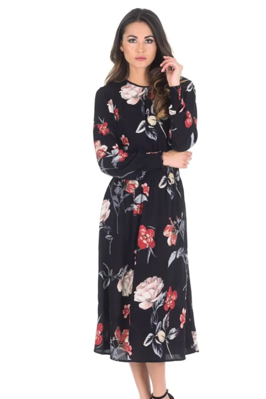 Black Floral Long Sleeve Elastic Waist Midi Dress sold by AX Paris