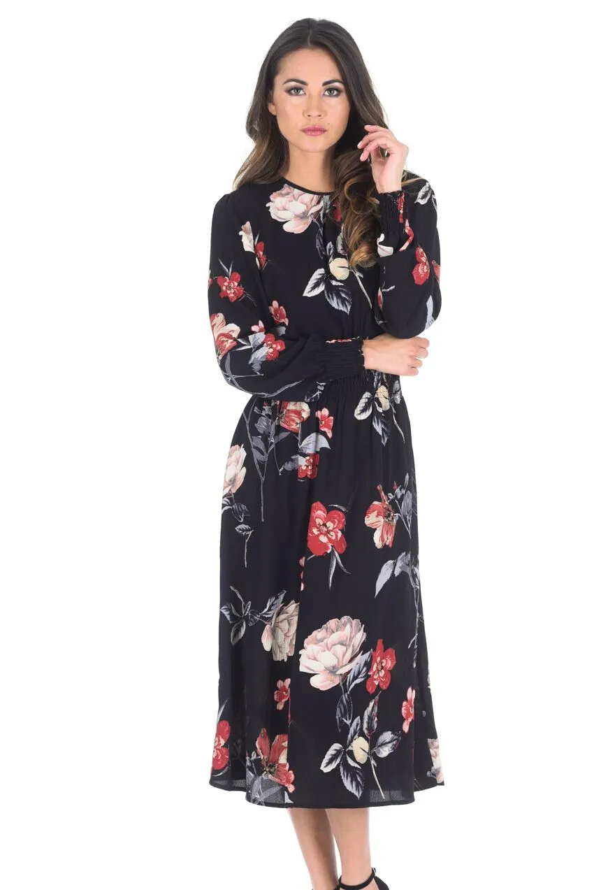 Black Floral Long Sleeve Elastic Waist Midi Dress sold by AX Paris