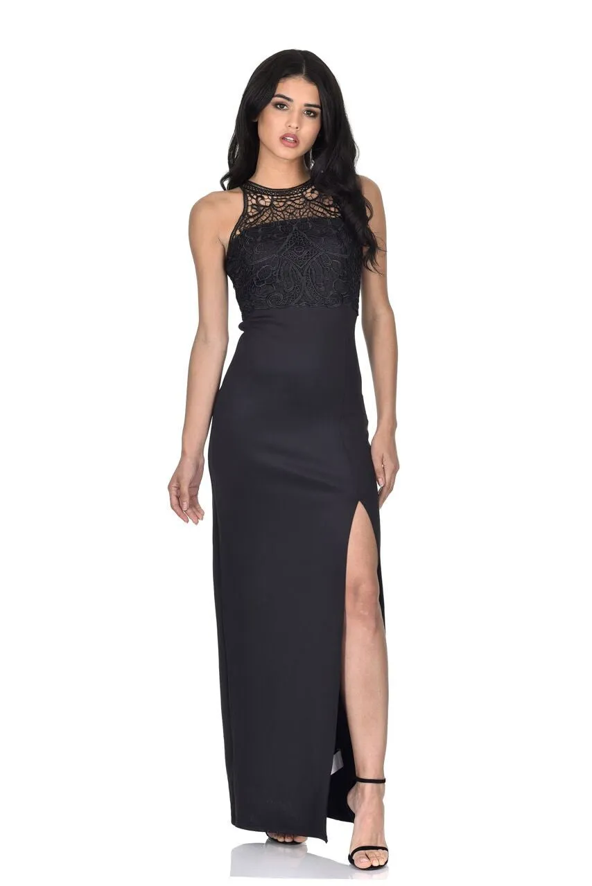 Black High Neck Maxi Dress With Crochet Neck sold by AX Paris
