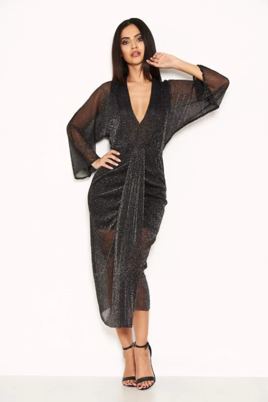 Black Sparkle Wrap Dress With Plunge Neck sold by AX Paris