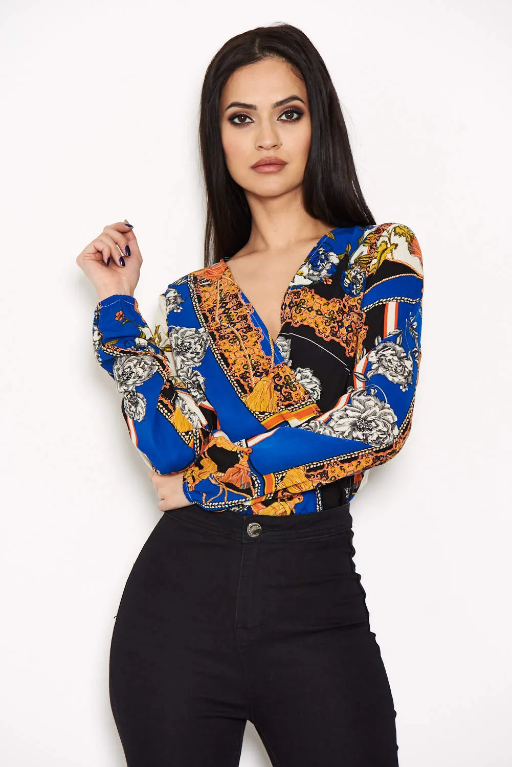 Blue Printed Wrap Bodysuit sold by AX Paris product image thumbnail 4