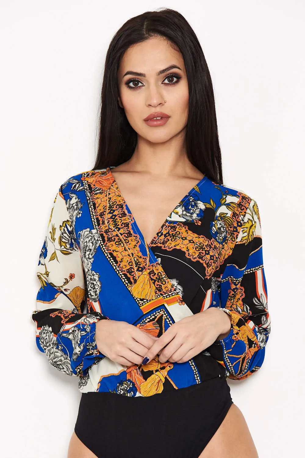 Blue Printed Wrap Bodysuit sold by AX Paris product image thumbnail 5