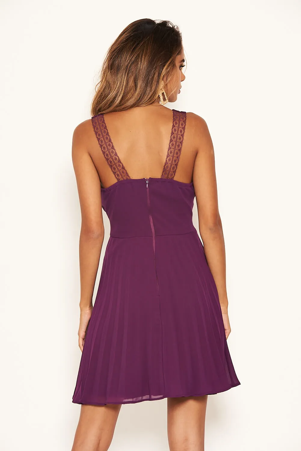 Plum V Neck Pleated Mini Dress sold by AX Paris product image thumbnail 3