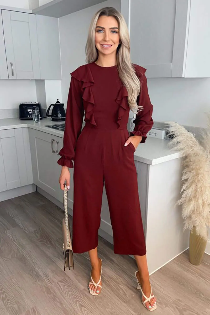 Wine Frill Front Long Sleeve Jumpsuit sold by AX Paris