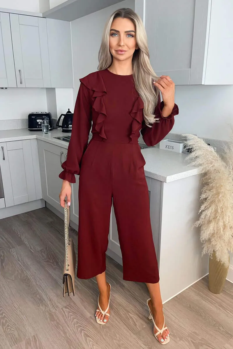 Wine Frill Front Long Sleeve Jumpsuit sold by AX Paris product image thumbnail 2