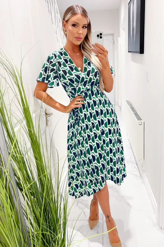 Green and Navy Printed Wrap Top Midi Dress sold by AX Paris