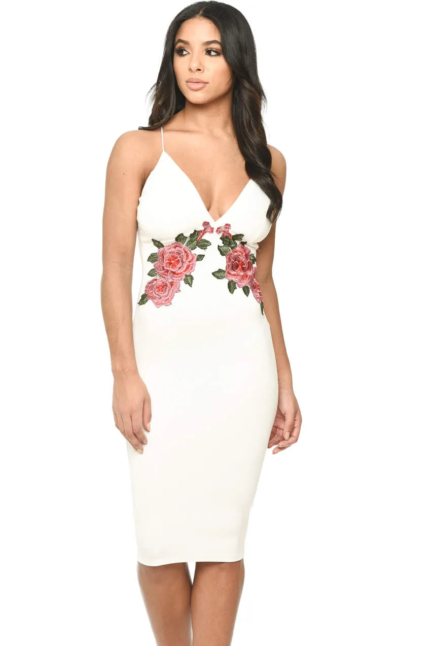 Cream Strappy Embroidered Bodycon Midi Dress sold by AX Paris