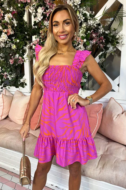 Hot Pink Shirred Frill Detailed Mini Dress sold by AX Paris