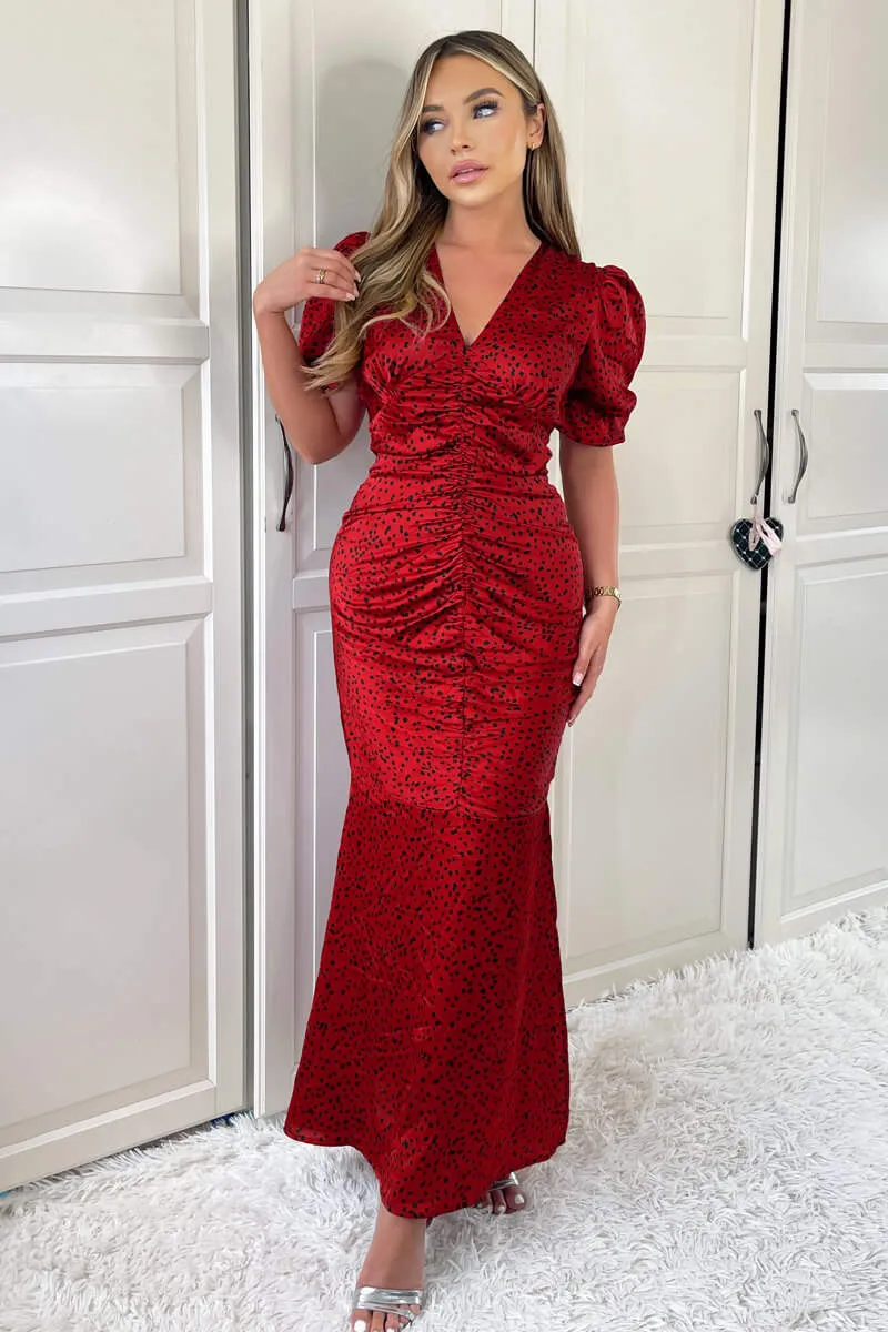 Red And Black Printed Short Sleeve Ruched Front Midi Dress sold by AX Paris product image thumbnail 3