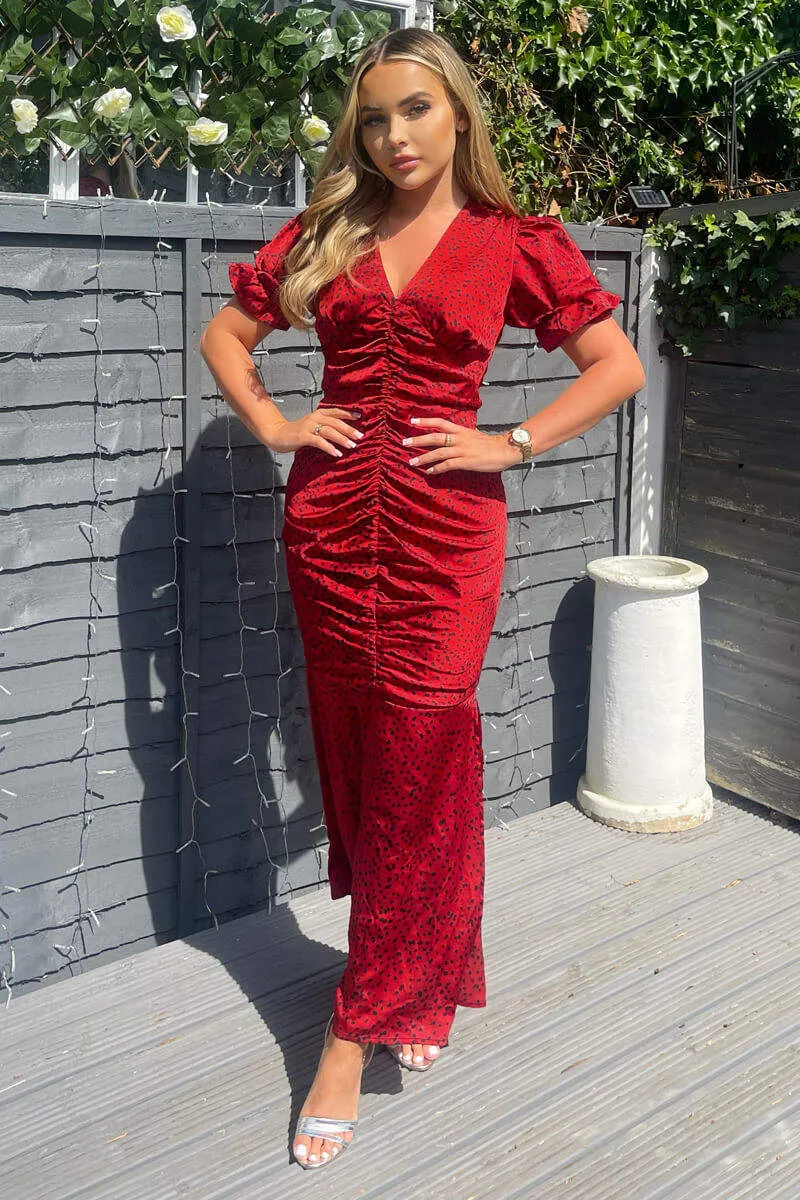 Red And Black Printed Short Sleeve Ruched Front Midi Dress sold by AX Paris product image thumbnail 2