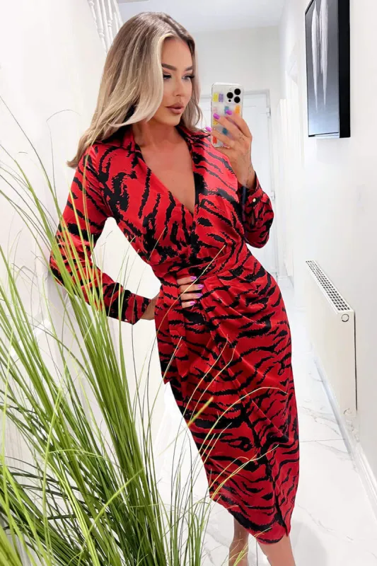 Red And Black Printed Long Sleeve Wrap Belted Midi Dress sold by AX Paris