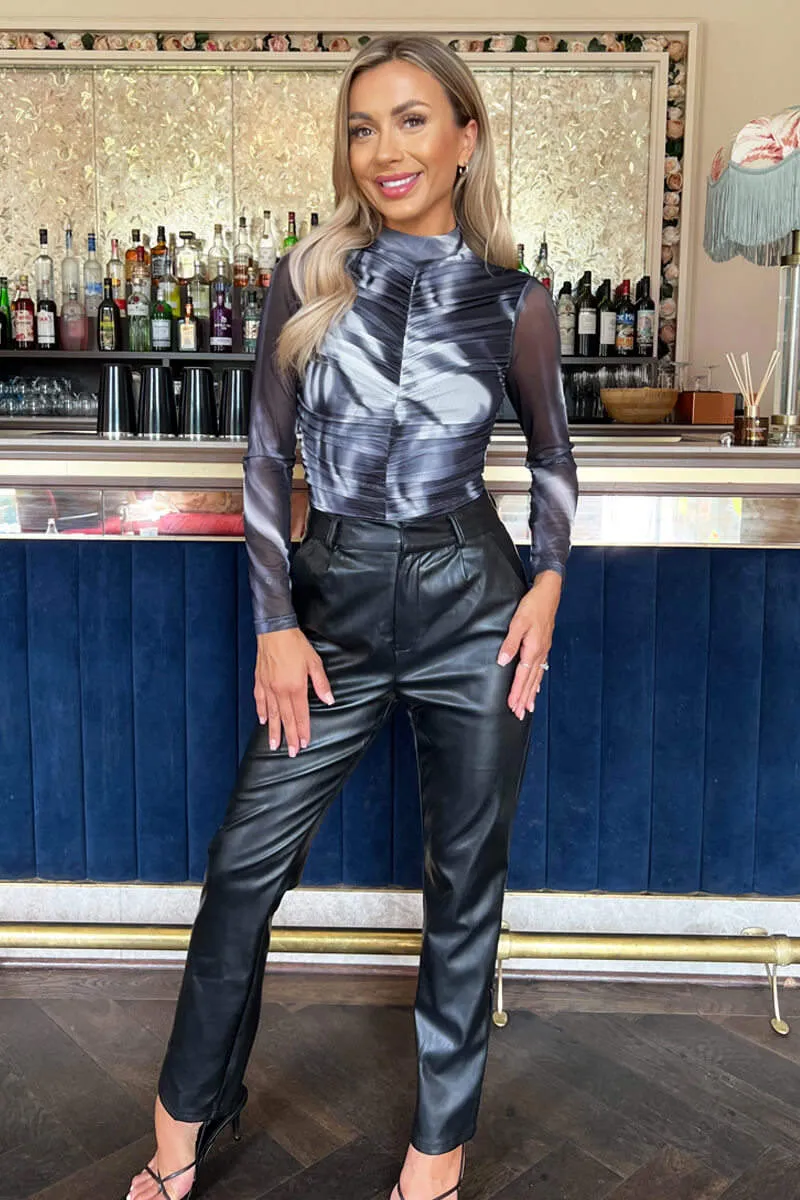 Black And White Marble Print High Neck Long Sleeve Ruched Mesh Bodysuit sold by AX Paris product image thumbnail 5