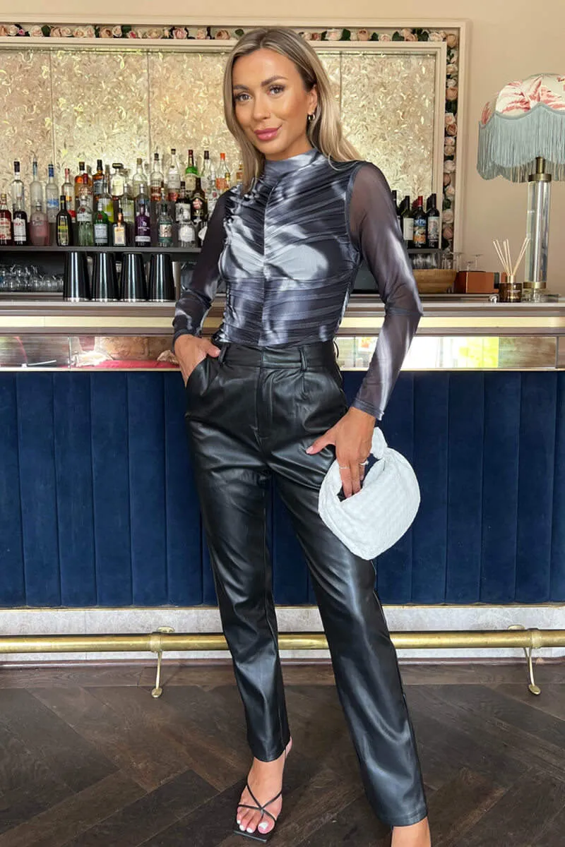 Black And White Marble Print High Neck Long Sleeve Ruched Mesh Bodysuit sold by AX Paris product image thumbnail 2