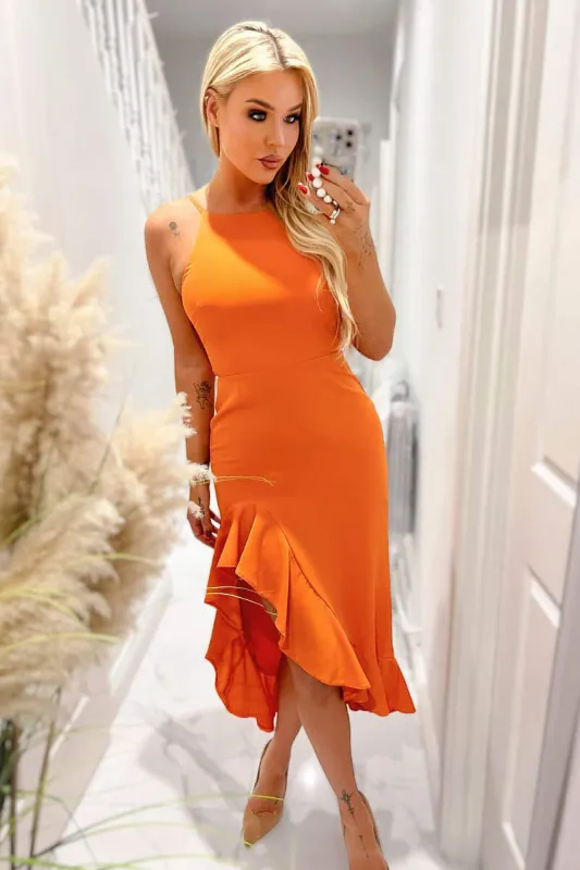 Blood Orange Racer Neck High Low Frill Hem Midi Dress sold by AX Paris