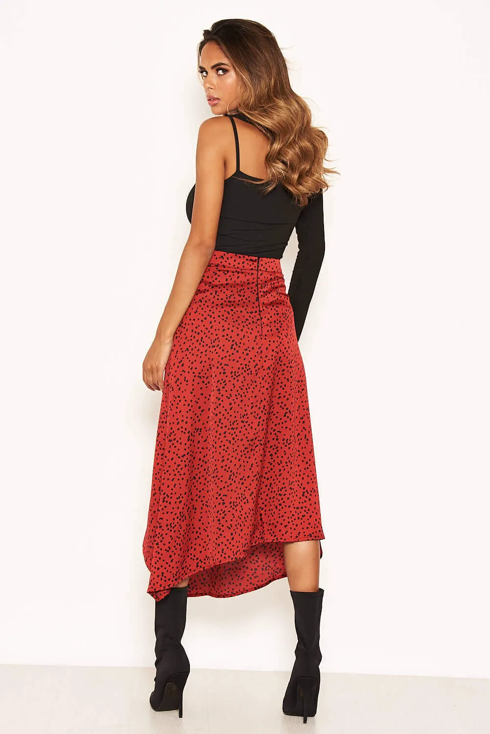Red Spotty Asymmetric Midi Skirt sold by AX Paris product image thumbnail 4
