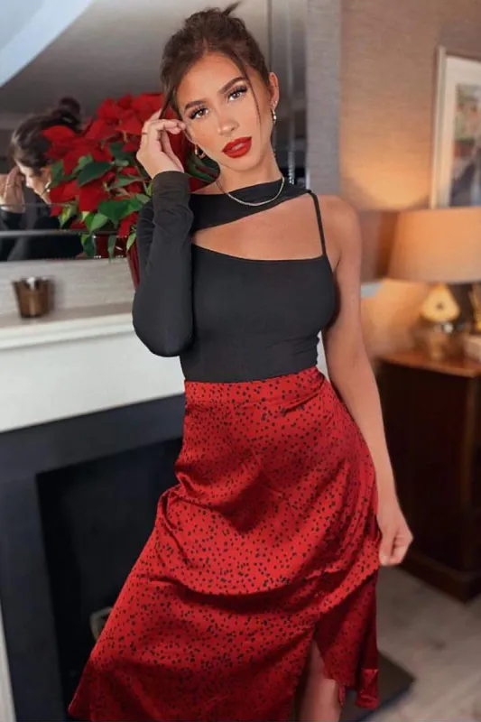 Red Spotty Asymmetric Midi Skirt sold by AX Paris