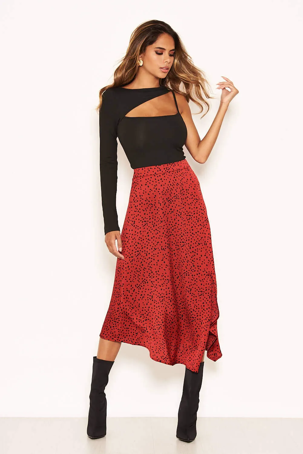 Red Spotty Asymmetric Midi Skirt sold by AX Paris product image thumbnail 5
