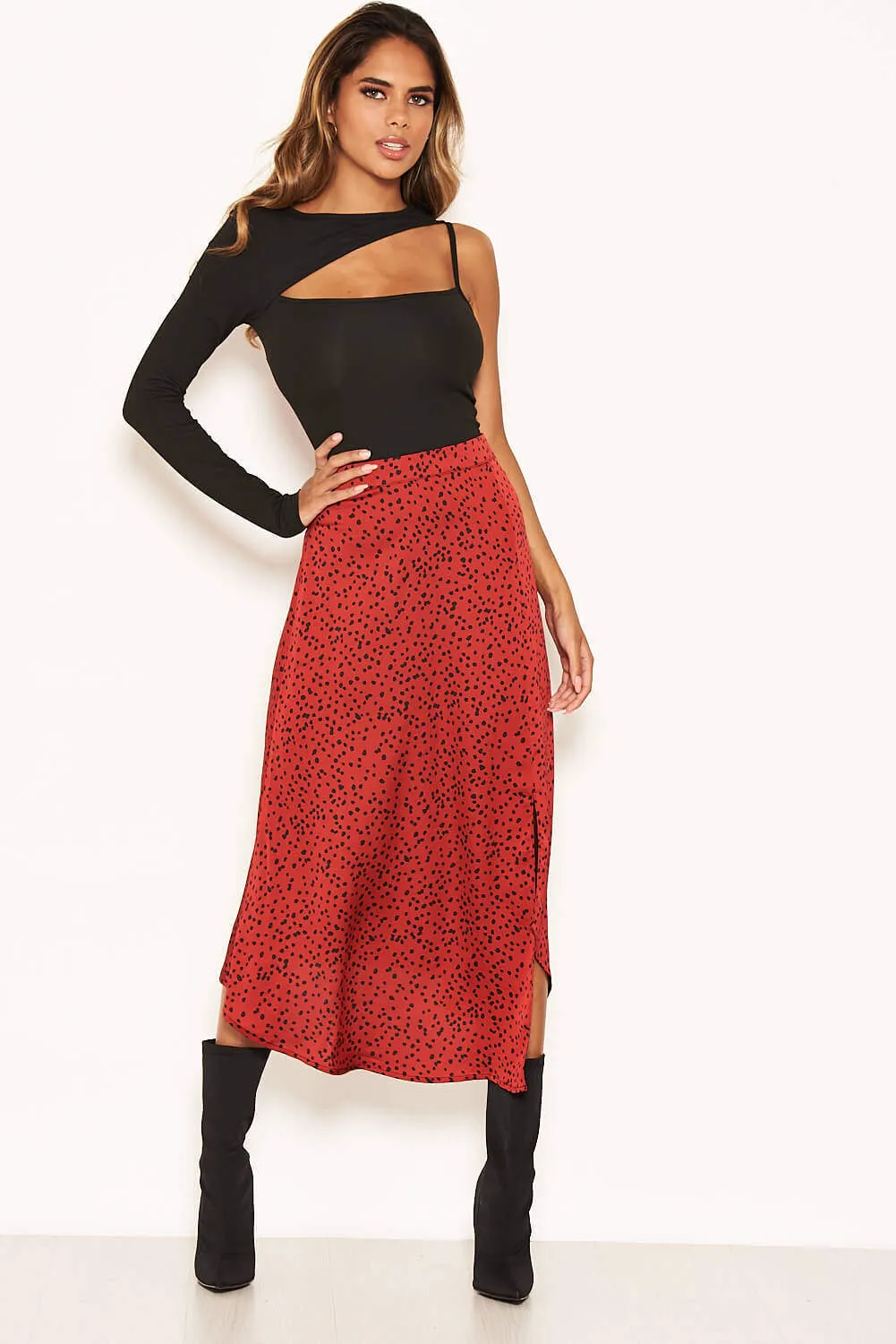 Red Spotty Asymmetric Midi Skirt sold by AX Paris product image thumbnail 2