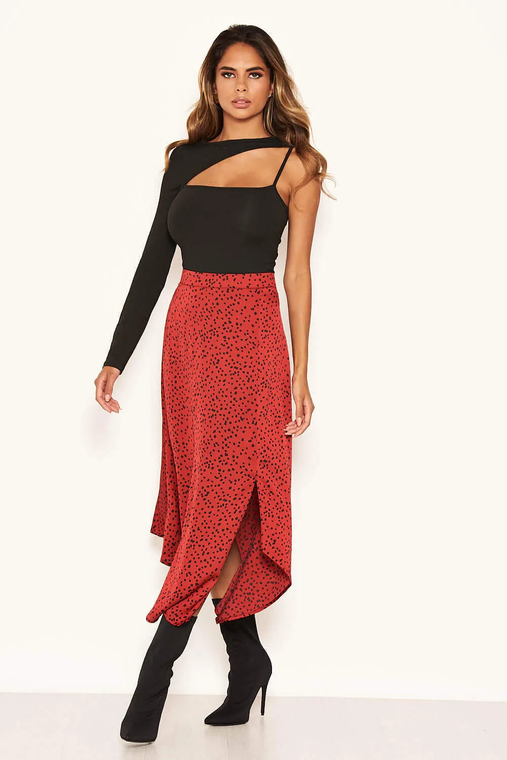 Red Spotty Asymmetric Midi Skirt sold by AX Paris product image thumbnail 3