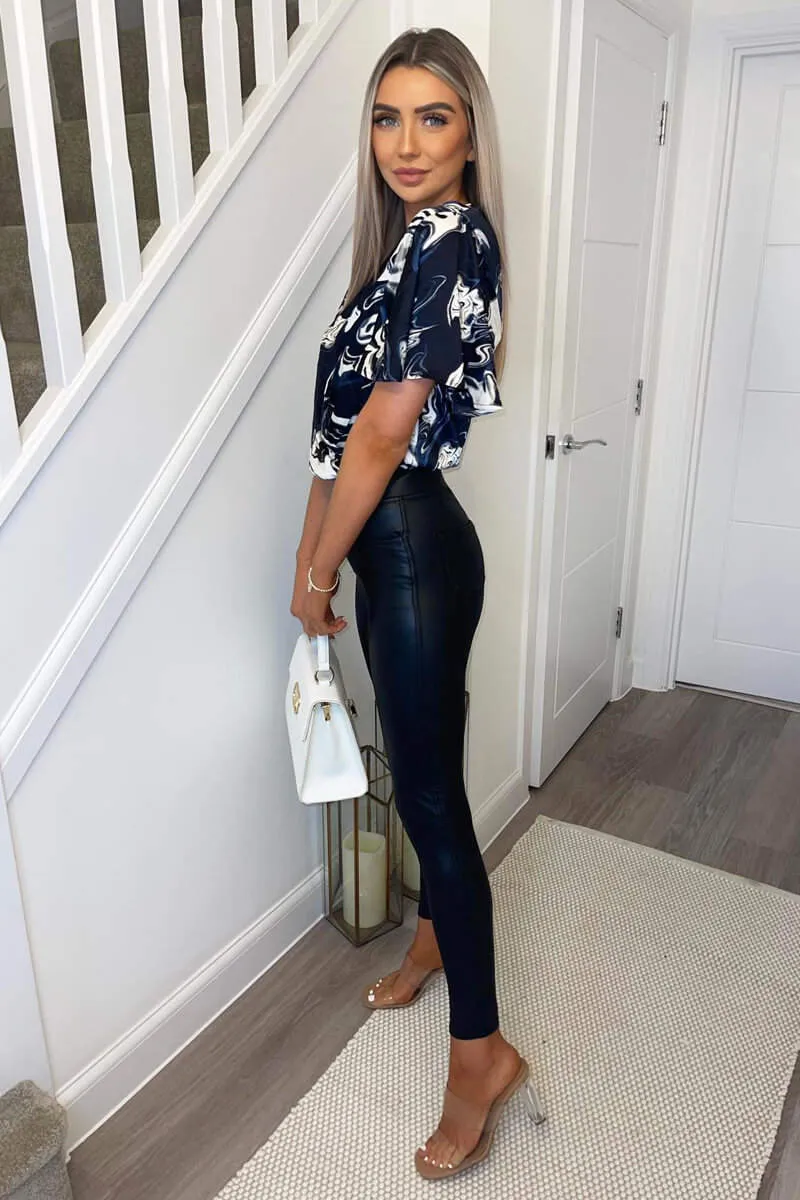 Navy Marble Print Wrap Over Bodysuit sold by AX Paris product image thumbnail 3