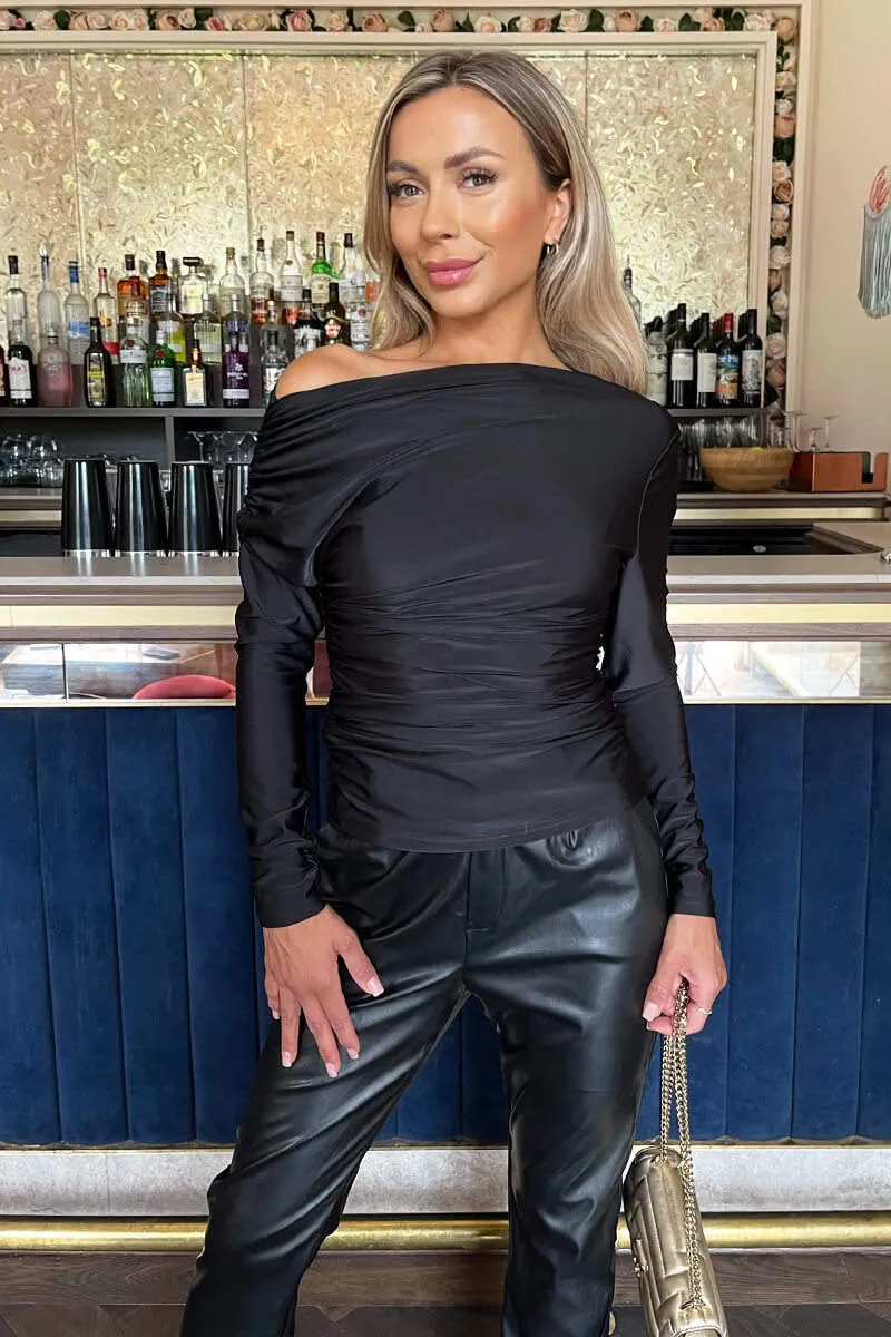 Black Off The Shoulder Long Sleeves Ruched Waist Top sold by AX Paris