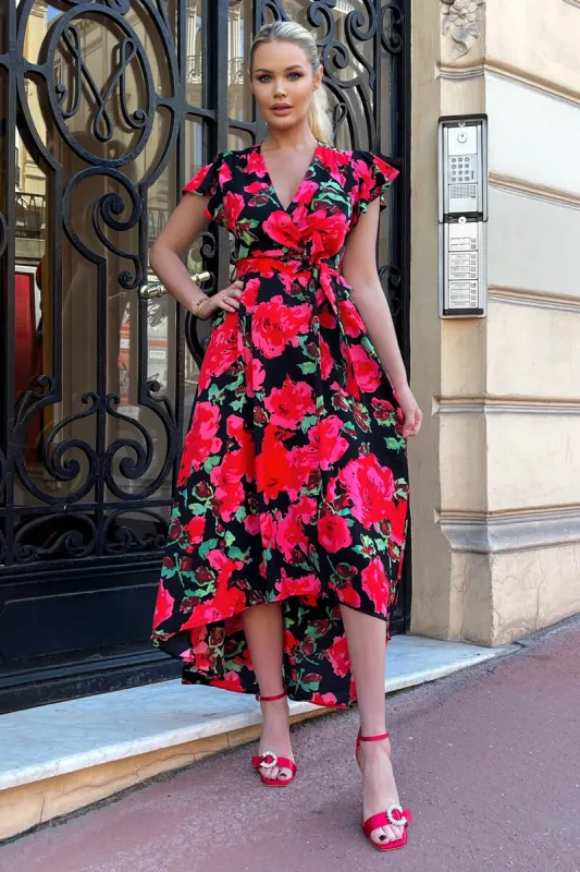 Red Floral Print Short Sleeve Belted Wrap Midi Dress sold by AX Paris