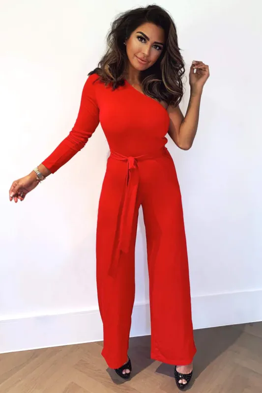 Red One Shoulder Jumpsuit sold by AX Paris
