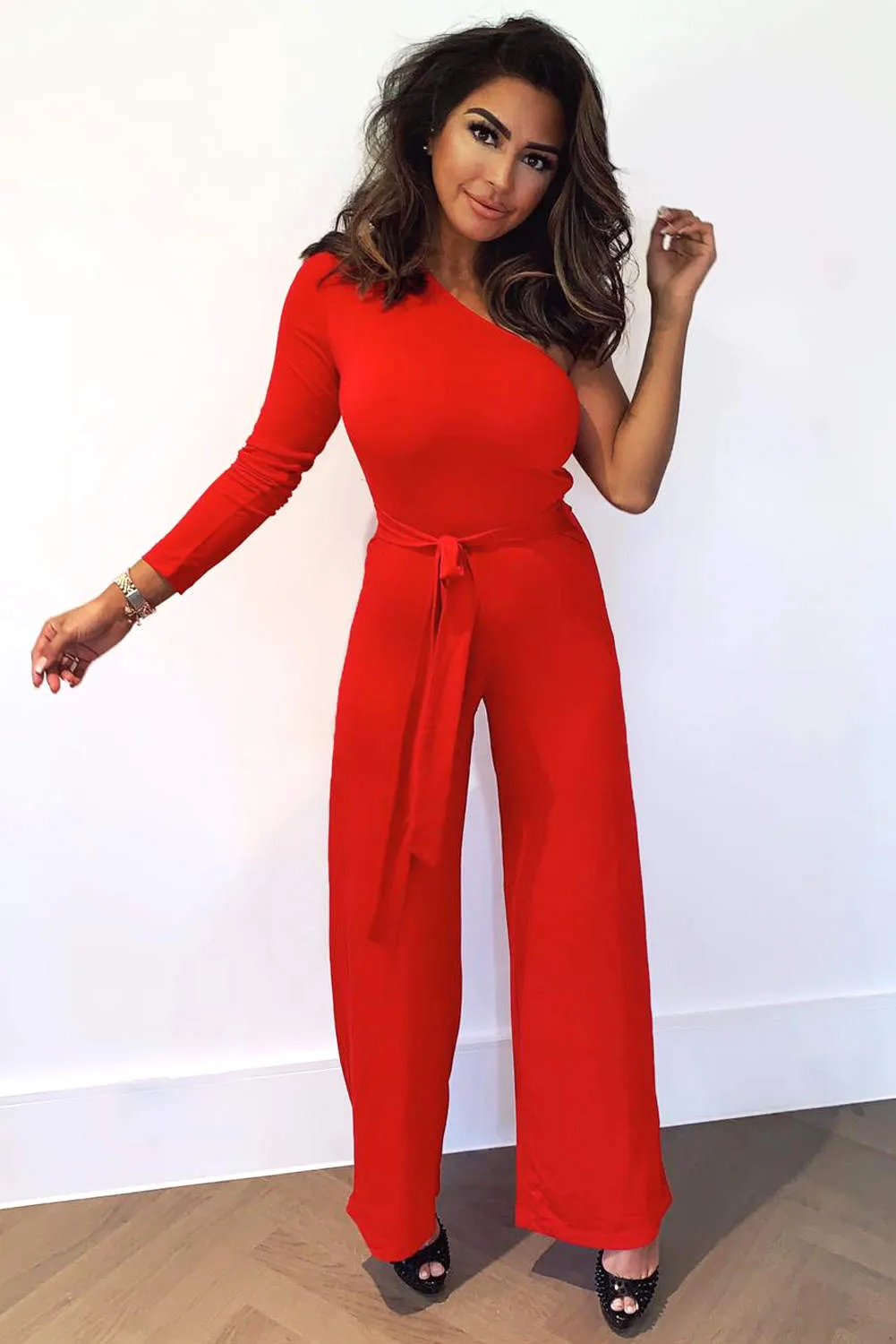 Red One Shoulder Jumpsuit sold by AX Paris