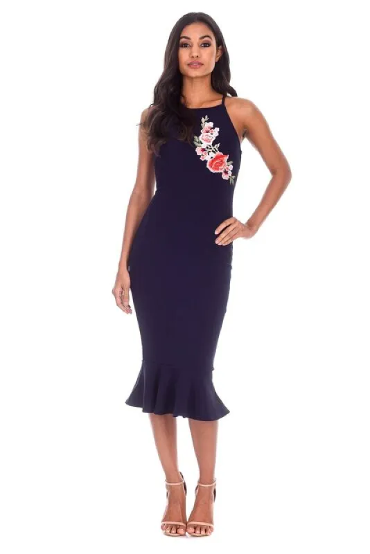 Navy Floral Embroidered Midi Dress sold by AX Paris
