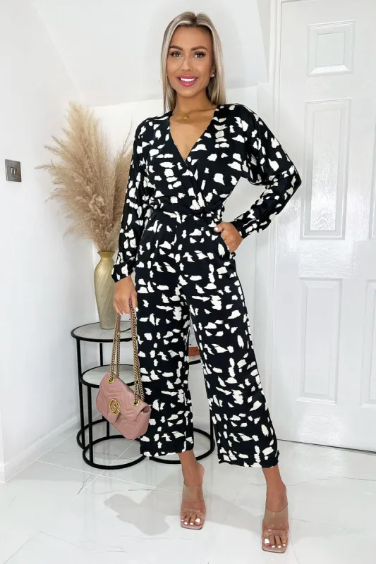 Black And White Printed Bat Wing Wrap Top Jumpsuit sold by AX Paris