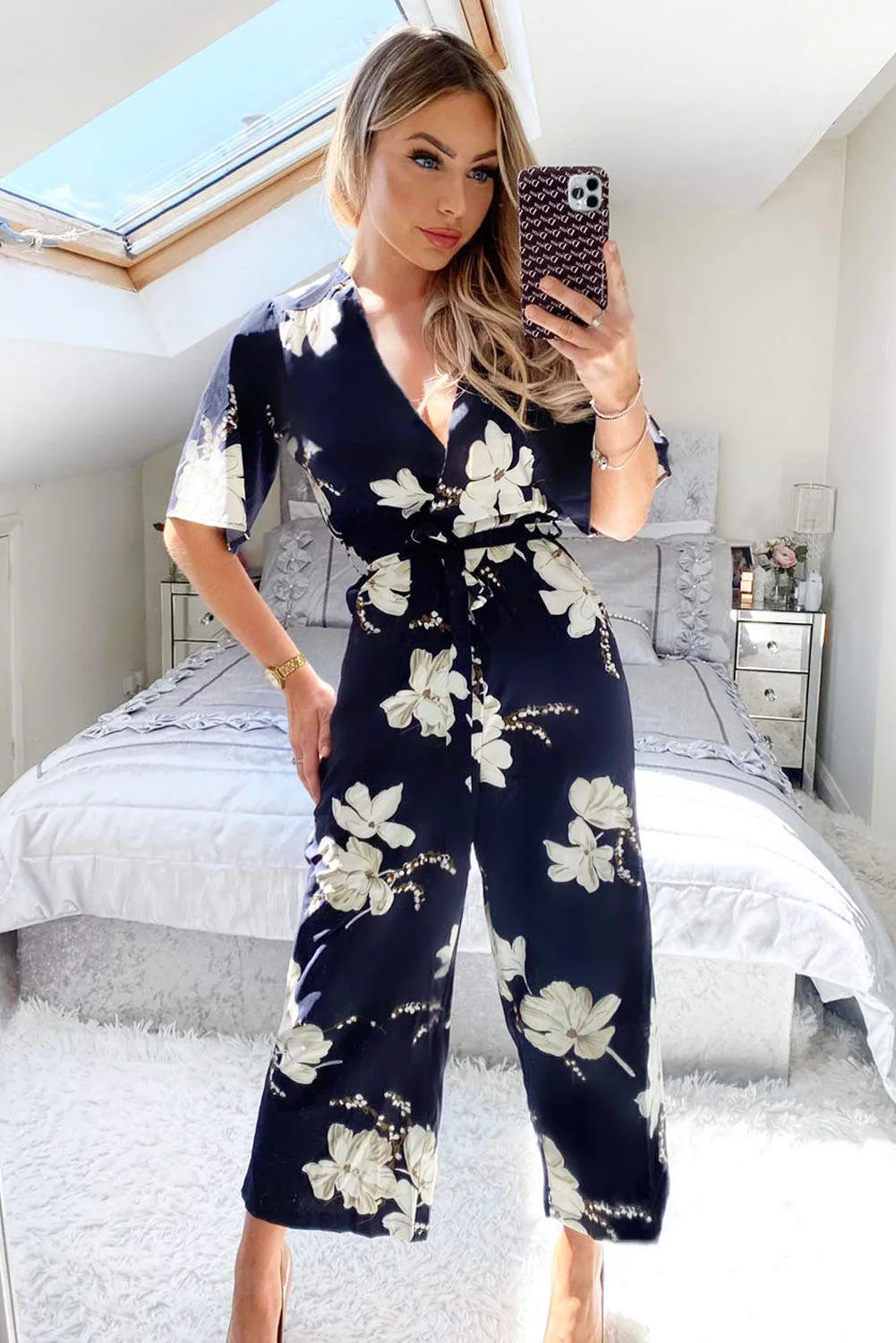 Navy Floral Wrap Culotte Jumpsuit sold by AX Paris