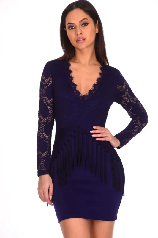 Navy Tassel Embroidered Lace Dress sold by AX Paris