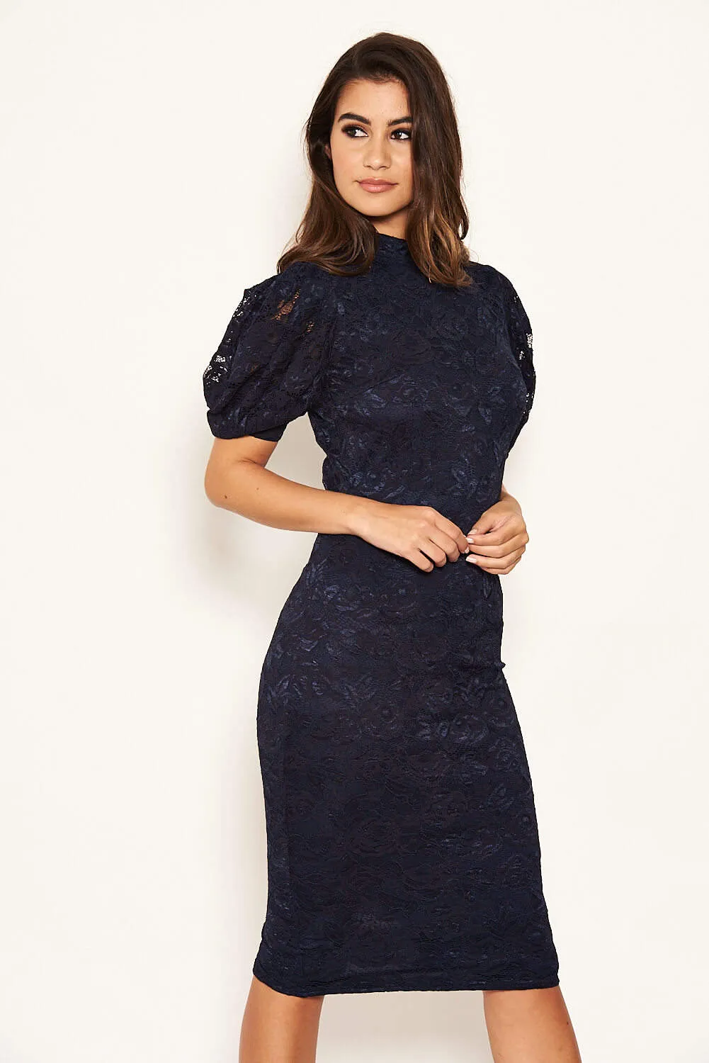 Navy Lace High Neck Puff Sleeve Midi Dress sold by AX Paris product image thumbnail 3