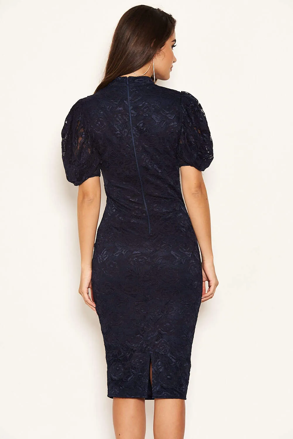Navy Lace High Neck Puff Sleeve Midi Dress sold by AX Paris product image thumbnail 4