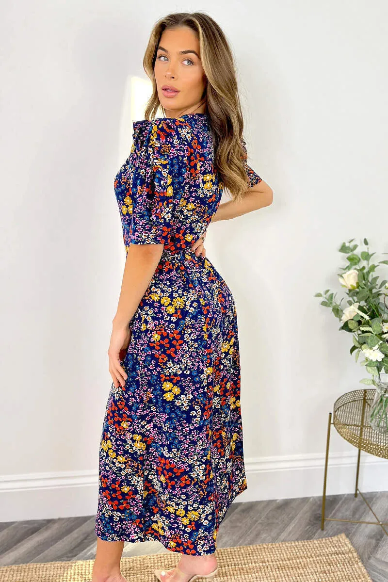 Blue Floral Pleated Sleeve Split Leg Midi Dress sold by AX Paris product image thumbnail 4