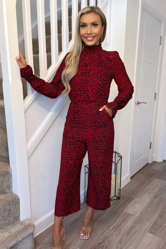 Red Animal Print Elasticated Neck Jumpsuit sold by AX Paris