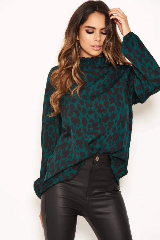 Green Leopard Print High Neck Top sold by AX Paris