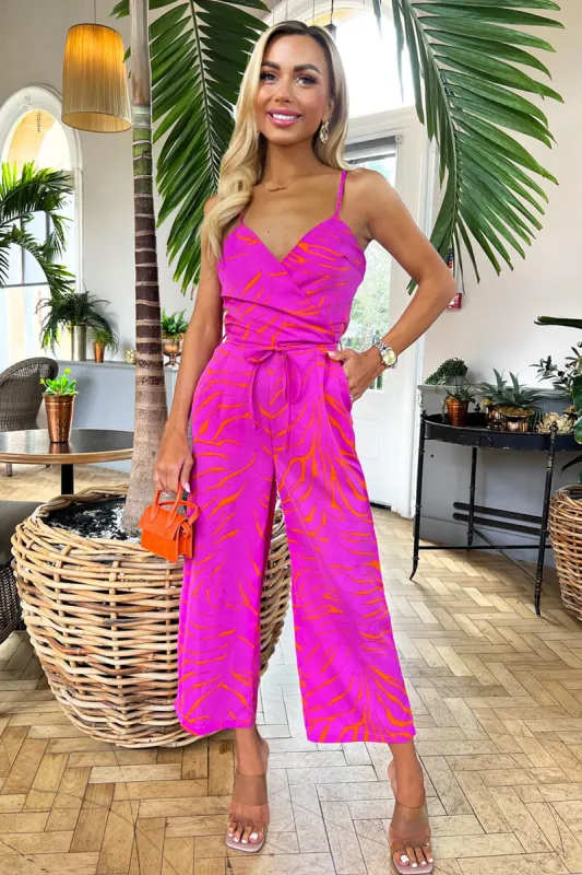 Pink and Orange Printed Wrap Top Tie Waist Full Length Jumpsuit sold by AX Paris