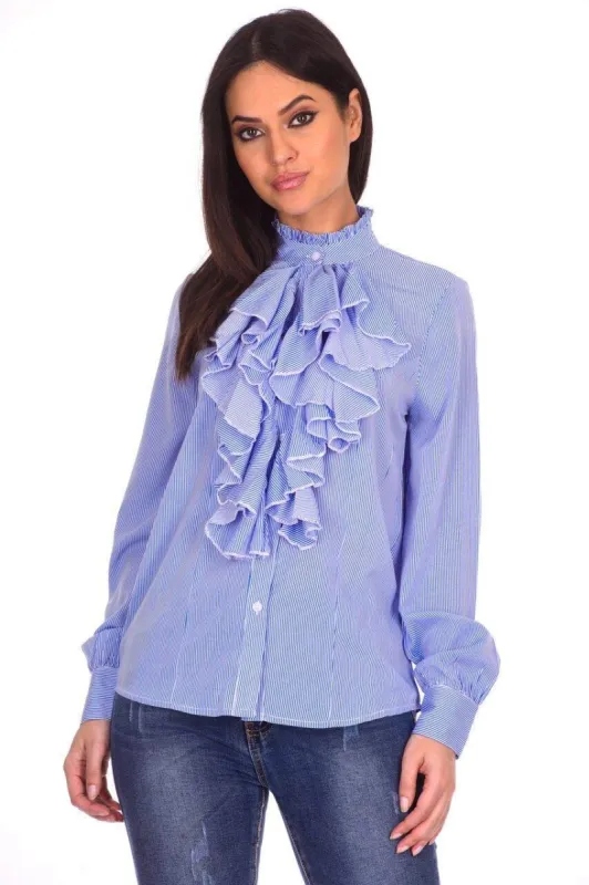 Blue Striped Ruffle Shirt sold by AX Paris