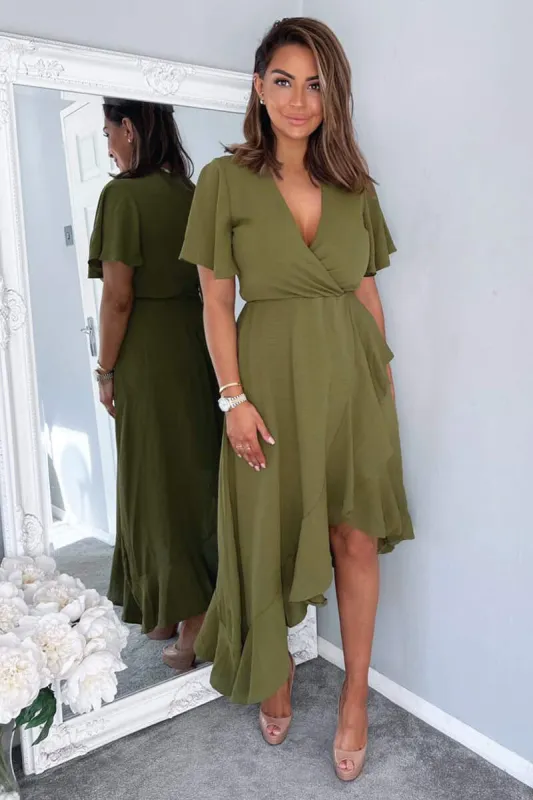 Olive Wrap Over Top Frill Hem Midi Dress sold by AX Paris