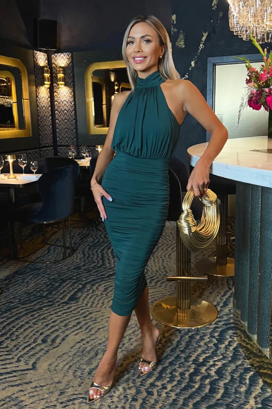 Teal Halter Neck Ruched Bodycon Midi Dress sold by AX Paris