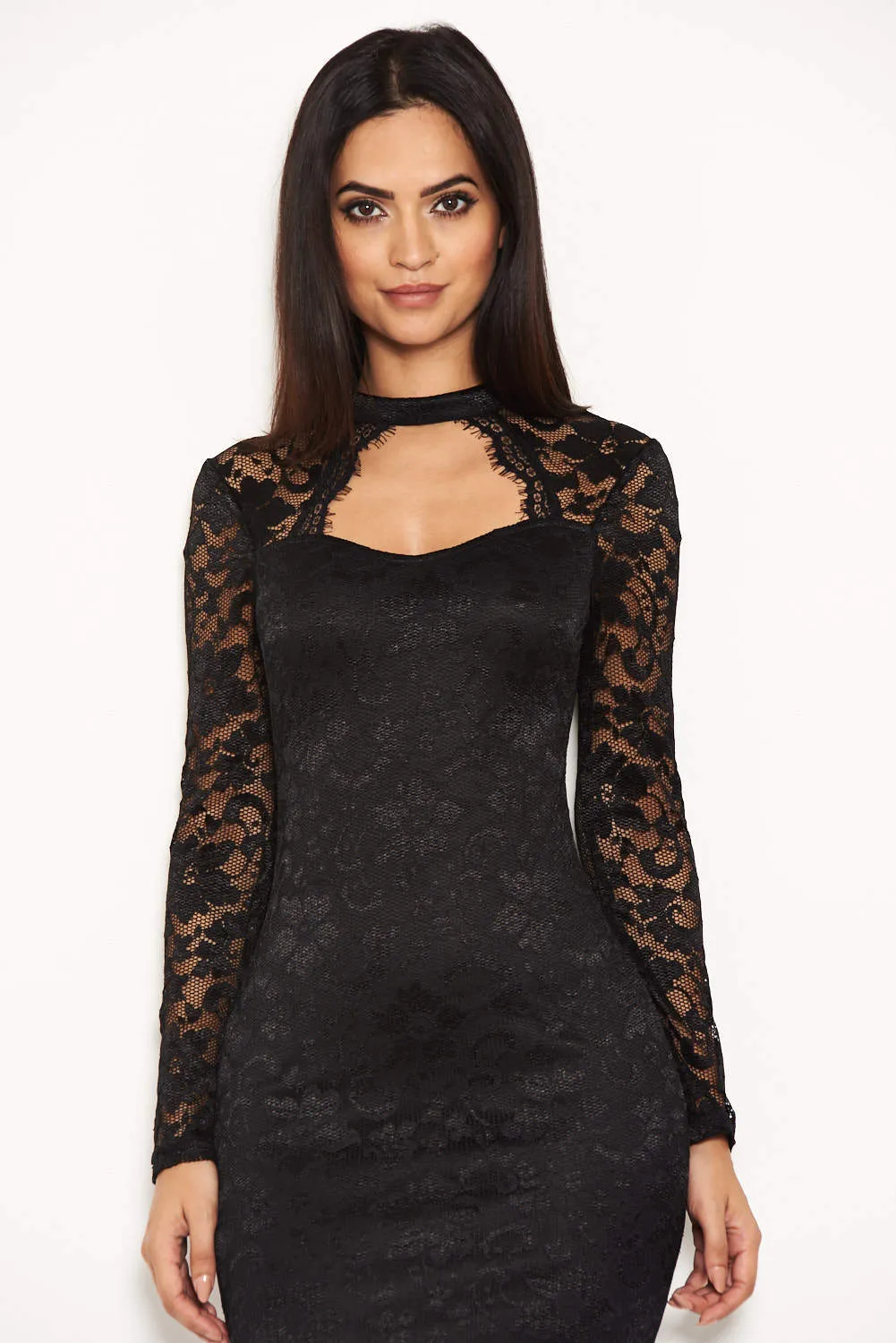 Black Lace Midi Dress With Long Sleeves sold by AX Paris product image thumbnail 4