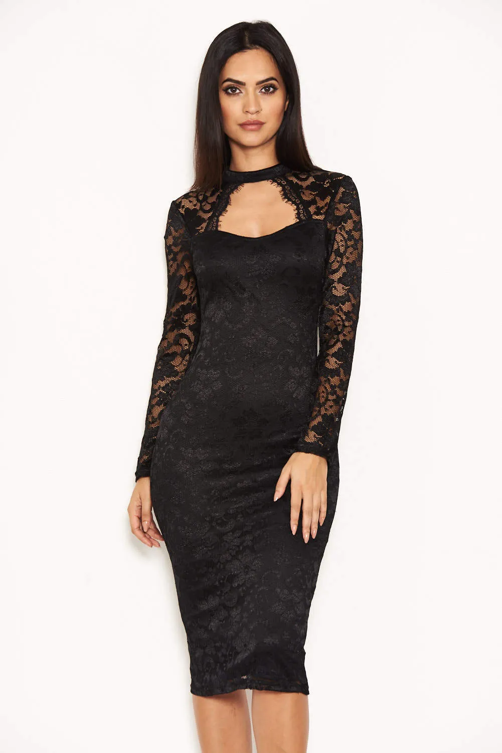 Black Lace Midi Dress With Long Sleeves sold by AX Paris