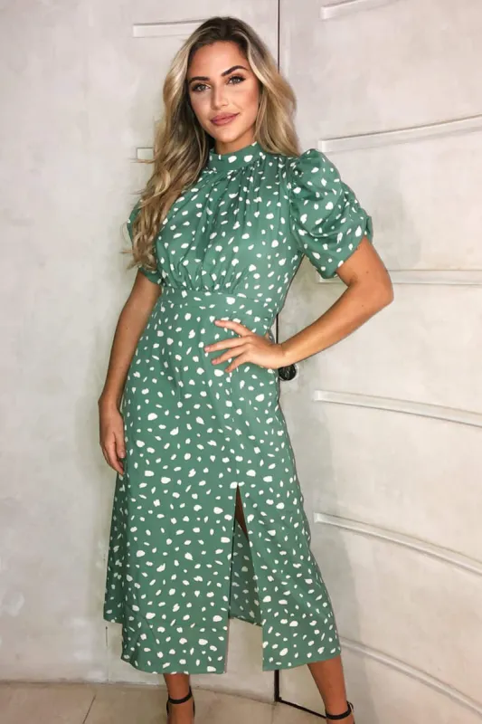 Green Printed Ruched Short Sleeve Midi Dress sold by AX Paris