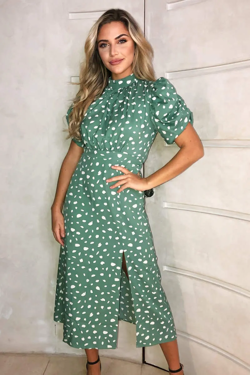 Green Printed Ruched Short Sleeve Midi Dress sold by AX Paris
