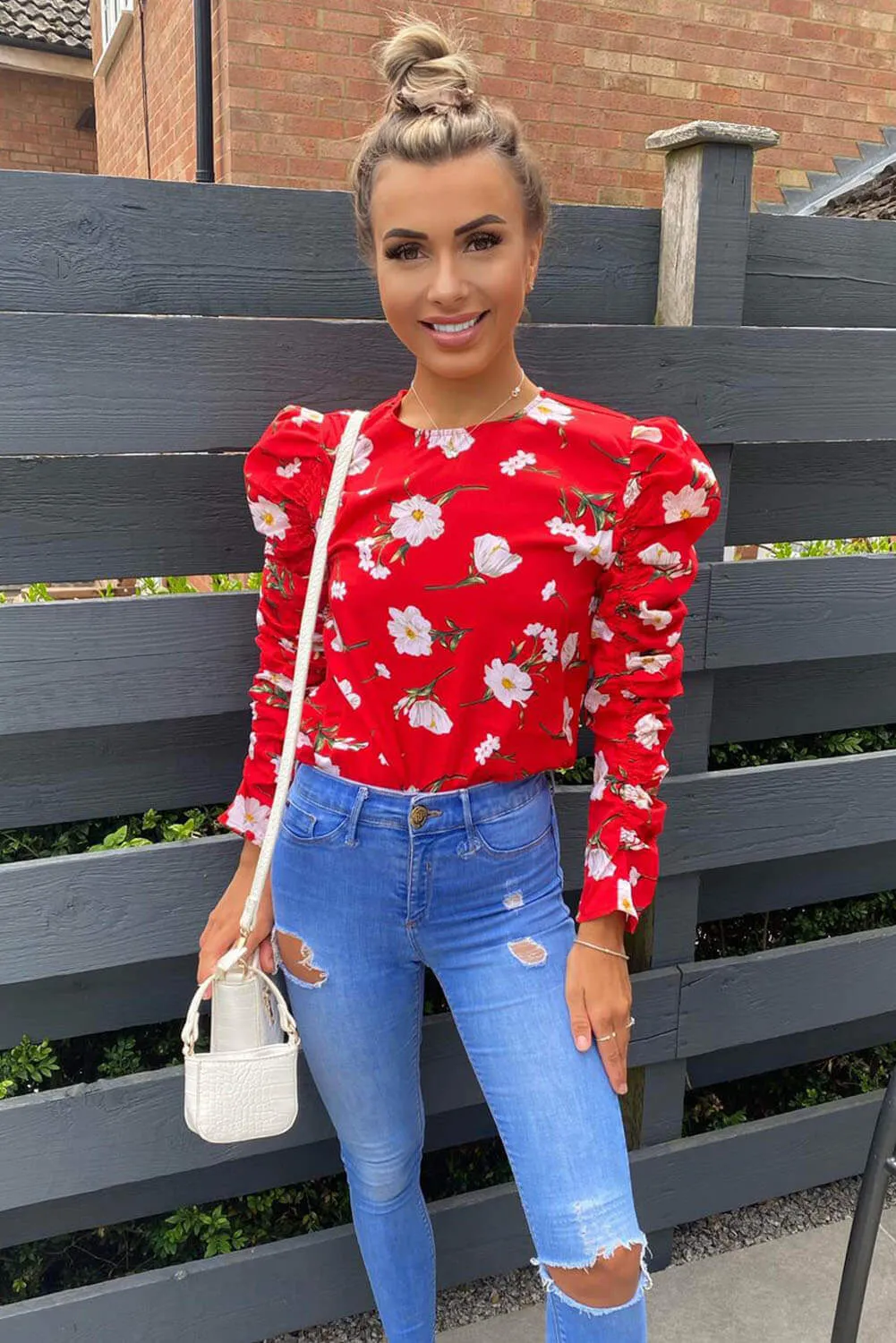 Red Floral Ruched Sleeve Top sold by AX Paris