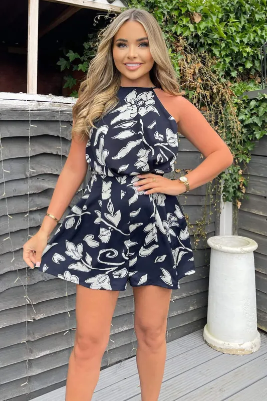 Navy and White Floral Print Playsuit sold by AX Paris