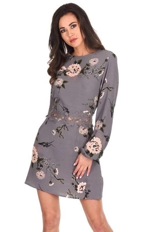 Grey Sleeved Crochet Detail Dress sold by AX Paris