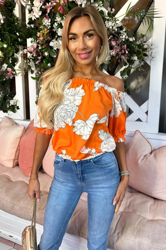 Orange Floral Print Elasticated Off The Shoulder Frill Detail Top sold by AX Paris